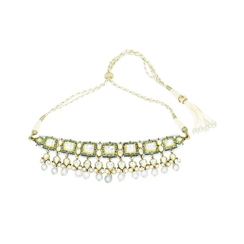 Rectangular Polki Choker with Pearl Fringe and Partash Detailing